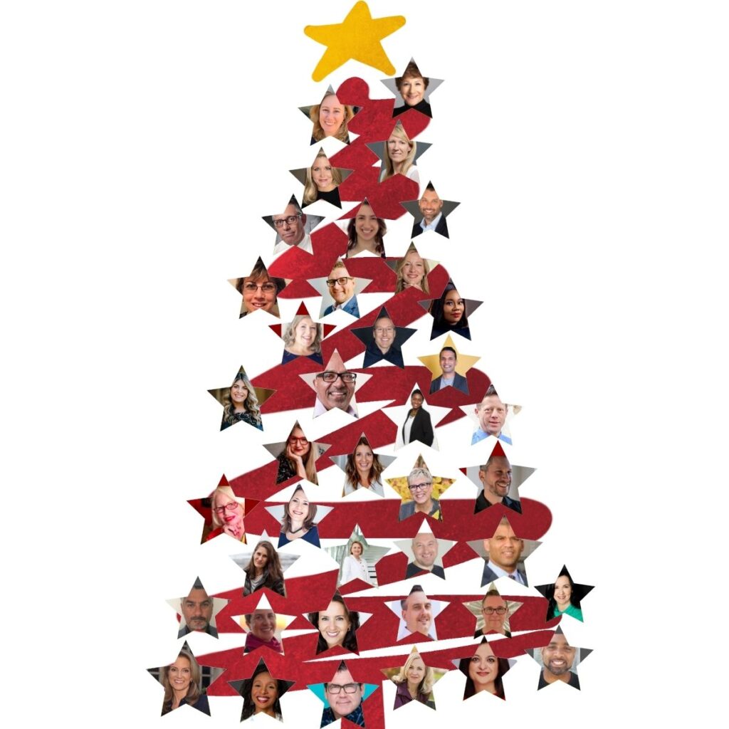 Christmas tree with all of our 2021 podcast guest images 